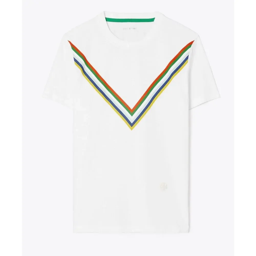 Tory Sport Crewneck T-shirt Tempo Chevron Short Sleeve White Cotton
